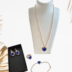 Gold-Tone Heart Pendant Necklace Set with Royal Blue Stones